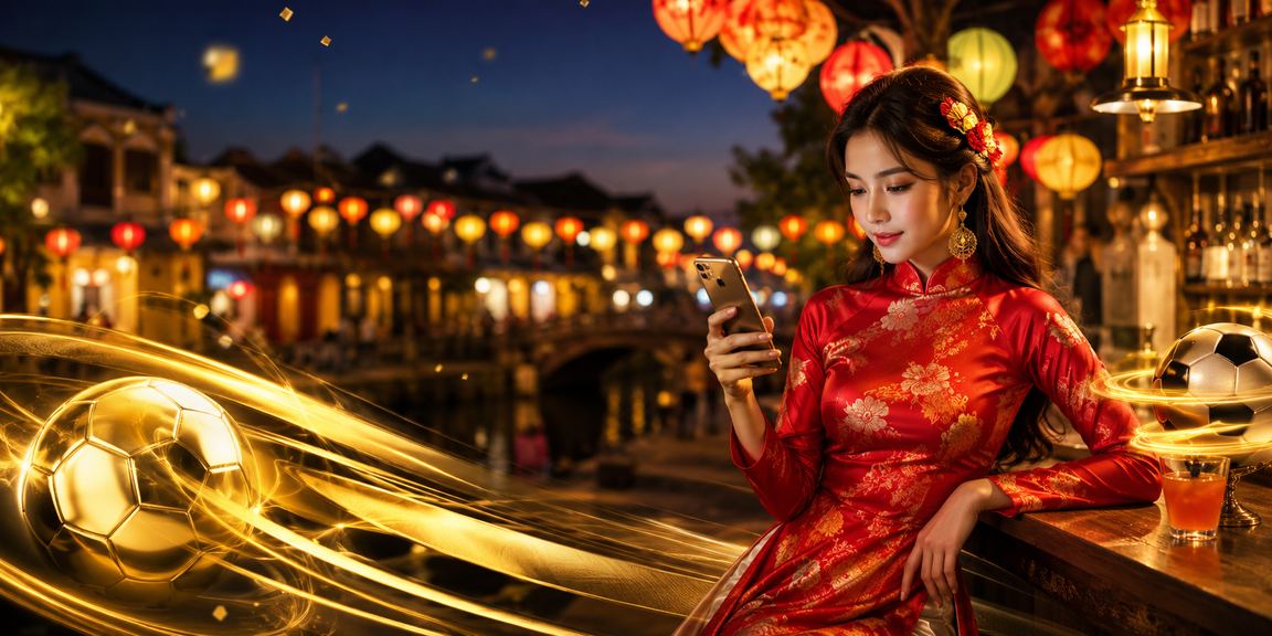 Người dùng tại Hội An trải nghiệm đặt cược thể thao trên điện thoại với trang phục áo dài truyền thống
